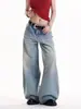 Jeans Reto Estilo Retro Americano Feminino Primavera 2025 Solto Bordado Fluido Casual Wide Leg Comprimento Total Azul