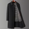 Casaco de Lã Dupla Face Masculino 70% Lã de Ovelha com Lapela, Estilo Longo, Outono e Inverno, Business, de Botão Único, Comprimento Total Removível