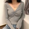 Camiseta Base de Punto con Cuello en V para Mujer, Elegante y de Diseño Discreto, Tejido Ajustado de Cuello Bajo para Otoño e Invierno, Al por Mayor