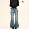 Calça Jeans Yongfang Azul Lavado Estilo Retrô Americano para Homens e Mulheres, Corte Slim, Cintura Baixa, Design Desconstruído com Costuras Visíveis, Calça Flare Casual