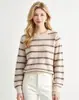 Suéter de tricô listrado em blocos de cor outonal estilo europeu e americano para mulheres, gola redonda, padrão jacquard, caimento solto, efeito emagrecedor, elegante pulôver de manga longa