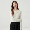Cardigã de tricô com mistura de cashmere e seda para mulheres, gola redonda, suéter com botões, design em trança, blusa de manga longa