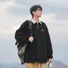 Camisa polo suéter masculino primavera e outono estilo japonês vintage contraste lapela top pesado estilo universitário casual solto jaqueta
