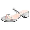 Sandalias de Tacón Grueso Estilo Coreano para Niñas, Nuevo Estilo Primavera y Verano, Punta Redonda, Hebilla de Pedrería en Forma de Corazón, de Una Tira, Chanclas de Tacón Medio-Bajo para Uso en Exteriores