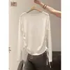 Camiseta de otoño de bambú acanalado elegante de manga larga para mujer, corte holgado, adelgazante, versátil, top básico que ciñe la cintura