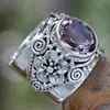 Anillos Personalizados Retro Europeos y Americanos de Imitación Amatista, Anillos de Flor de Plata Tailandesa de Lujo Ligero a la Moda, Joyería Exquisita Tallada de Nicho