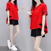 Traje de Moda Feminino Verão Novo Solto Tamanho Grande Roupas Femininas Elegante Manga Curta Calça Shorts de Perna Larga Conjunto de Duas Peças Moderno