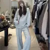 Conjunto Casual Estilo Preguiçoso Outono de Comércio Exterior para Mulheres Suéter Solto Gola Redonda + Calça Wide Leg de Cintura Alta Emagrecedor Conjunto de Duas Peças