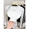 Blusa de manga comprida com gola redonda feminina outono novo estilo moda que rejuvenesce slim fit modeladora versátil camiseta de malha canelada base para usar por baixo