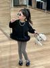 Coreia do Sul roupas infantis meninas terno 2024 outono costura gaze saia estilo ocidental suéter preto cinza pit leggings