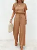 Exclusivo al por mayor transfronterizo Conjunto de top de manga corta texturizado 2026 con cordón y pantalones de pierna ancha Ropa casual para mujer europea y americana Pieza única