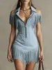 2026 Nuevo Vestido Transfronterizo Y2K Retro Americano de Gamuza con Borlas Hombros Descubiertos Estilo Occidental Vestido Corto Ceñido a la Cintura para Chica Popular