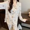 Pijama Listrado Fresco Estilo Coreano para Mulheres, Novo Conjunto Fino de Manga Longa para Primavera e Outono, Roupa de Casa com Dachshund de Desenho Animado Atacado