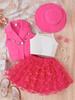 Ropa Infantil Baopin Moda Europea y Americana Traje de Niña con Solapa Hebilla Retorcida Color Caramelo Falda de Malla Mariposa Sombrero Traje de Cuatro Piezas