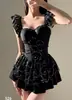 Traje de baño estilo falda de malla con lentejuelas negro puro, atuendo de alta gama para parque acuático, con pequeñas mangas volantes, corpiño push-up, traje de baño de corte ajustado