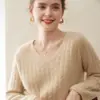 Estilo Novo Outono e Inverno 100% Cashmere Puro Suéter para Mulheres Gola V Torcido Espessado Suéter Estilo Preguiçoso Solto Base de Tricô Macia e Sedosa