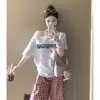 Tops de Camiseta de Algodón Puro de Manga Media Estampados con Hombros Descubiertos y Hombros Asimétricos para Mujer con Hombros Descubiertos Verano Popular 2025