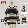 Suéter Rayado Transfronterizo Europeo y Americano de Calle para Mujer, Jersey Informal Retro de Invierno con Bloques de Color y Cuello Redondo, Tejido de Punto Holgado para Estudiantes