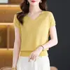 Blusas de Manga Corta de Seda de Hielo para Mujer, Nuevo Estilo Veraniego, Camisetas de Punto de Color Sólido con Cuello en V, Blusas Finas, Camisetas Cortas Casuales Versátiles