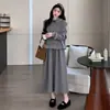 Moda Gestante Outono Inverno Novo Conjunto de Tricô Cardigan com Gola Reversível Colete com Babados Saia Base Emagrecedor Cobertura da Barriga Conjunto de Duas Peças