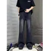 Calça jeans estilo americano de rua, preta e cinza, Cleanfit, lavada e com aspecto desgastado, unissex, para outono e inverno, com design de perna levemente flare retrô