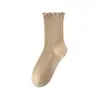 Calcetines holgados con borde de volantes para mujer, calcetines de otoño de algodón puro hasta la pantorrilla, adecuados para mocasines, calcetines largos sin costuras en color café marrón