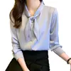 Camisa Branca com Laço Feminina Manga Longa Primavera & Outono Cetim Profissional Formal Roupa de Trabalho Top com Design de Nicho