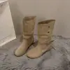 Botas de Mujer Estilo Western Tacón Grueso Versátiles Gamuza Cuero Retro Correa de Cuero Primavera Otoño Mezclilla Botín Botas Moda Nuevo Estilo Moda 2026 Hebilla Tela