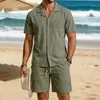 2026 Conjunto de Playa de Algodón y Lino de Cuatro Estaciones Estilo Americano Transfronterizo para Hombre, Casual, Holgado, Transpirable, Manga Larga, Camisa de Cinco Puntos
