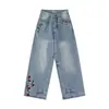 Jeans Retro Americano Divertido com Desenhos Animados, Strass e Estampa de Leopardo para Mulheres, Novo Estilo de Verão, Calça Larga de Perna Reta Solta Comprimento Total