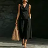 Conjunto de Moda para Mujer Nuevo Amazon Transfronterizo 2026: Cuello Drapeado, Sin Mangas, Corte Ajustado, Pantalones de Pierna Ancha Versátiles