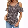 Roupas Femininas Transfronteiriças Europeias e Americanas 2025 Amazon Verão Novo Ombro a Ombro Estampado Decote V Manga Curta Solto Top Camiseta