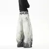 Jeans com Estampa Graffiti Salpicado Estilo Americano Mulheres Homens Outono High Street Senso de Design Silhueta Calças Cimitarra Marca Tendência Vibe Calças de Pernas Largas