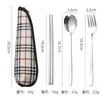 Palillos y Cucharas de Acero Inoxidable 304 Seleccionados Cuidadosamente, Juego de Vajilla Portátil Estilo Coreano, Juego de Tres Piezas para Viaje con Bolsa de Tela, Tenedor, Cuchara y Palillos