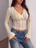 2026 Outono/Inverno Novo Top Moda Feminina Camiseta com Decote V Cruzado, Cor Contrastante, Listrado, Manga Longa em Estoque para Amazon Cross-Border