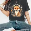Camiseta Casual de Manga Corta con Cuello Redondo para Mujer - Zorro Lindo con Estampado Floral Tema Animal Regalo, Naranja Brillante