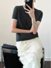 Tienda insignia Shanghai Dan Nong / Camiseta de punto de seda helada de manga corta con bloques de color estilo vintage para mujer, Top base único que reduce la edad