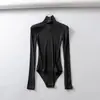 Body de ajuste ceñido, elástico, de cuello alto y manga larga para mujer, estilo europeo y americano, top camiseta básica de canalé de color liso, ajuste slim, versátil