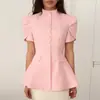 Amazon Cross-border 2026 Nova Moda Europeia e Americana Elegante Temperamento Cor Sólida Gola Alta Botão Manga Curta Cintura Alta Camisa Roupas Femininas