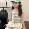 Conjunto de Outono para Meninas 2026 Novo Estilo Moda Infantil Bebê Regata Listrada Cardigã de Manga Longa e Calça de Pernas Largas