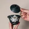 Yanyan Loto de Tinta Pintado a Mano Cerámica Tres Piezas Gaiwan Tazón Chino Zen para Preparar Té Taza de Té Gaiwan Hecho a Mano Juego de Té Kung Fu