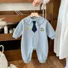 Romper Novo Estilo Academia para Bebê Outono Estampa de Gravata Desenho Roupas de Engatinhar para Bebê Simples Manga Longa Roupa Infantil Estilo Outono