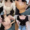 Top Corto de Seda Helada de Primavera y Verano Camiseta de Punto de Manga Corta para Mujer Cuello con Volantes Cintura Alta Ombligo Camisa Francesa Top