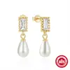 Brincos de prata de lei 925 com pérola e diamante colorido quadrado Estilo francês Europeu e Americano Temperamento de luxo leve Brincos Super Brilhantes para mulheres