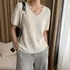 Camiseta Tricotada de Manga Curta com Decote V Vazado Texturizado em Mistura de Linho e Liocel para Mulheres, Top Simples e Elegante com Estilo Chinês