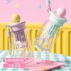 Vaso de agua de plástico de verano para niñas, alto estético de dibujos animados lindo portátil para deportes, vaso con pajita de grado alimenticio resistente a altas temperaturas