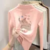 Novo top quentinho de fleece dupla face com estampa de desenho animado e mangas compridas para meninas, adequado para outono e inverno, com gola semimalta