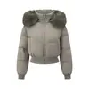 Jaqueta de inverno acolchoada estilo coreano 2026, transfronteiriça, com gola de pele, capuz e design justo e curto, na cor branca