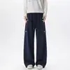 Pantalones de chándal grises con estampado de flores blancas americanas, plisados, de hoja curva, para hombre, otoño, High Street, Cleanfit, pantalones casuales, marca de moda, versátiles, de pierna ancha