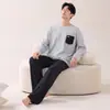 Algodón PuroPijama para Hombre Primavera y Otoño Cuello Redondo Manga Larga Pantalón Largo Adolescente Casual Ropa para el Hogar Conjunto de Dos Piezas